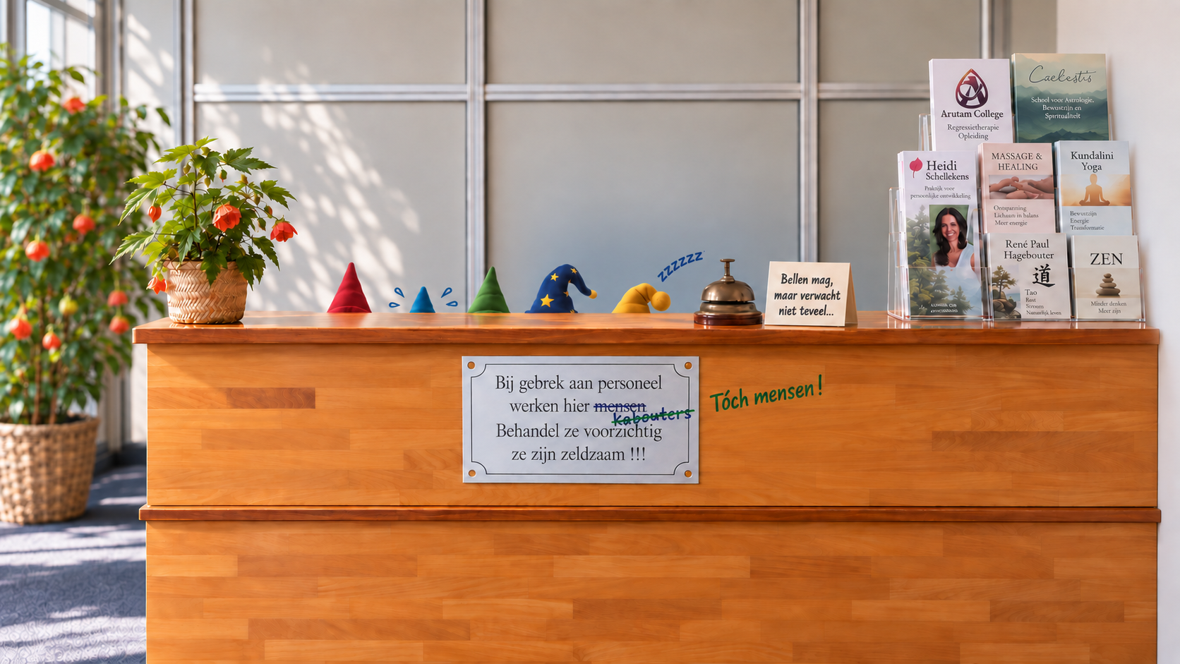 Een opvallend stille balie waar alleen kaboutermutsen zichtbaar zijn